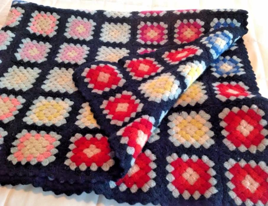 Vtg Granny Square Wool Afghan Throw Blanket 44