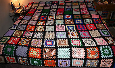 Hand Crocheted Granny Square Afghan King Size MINT MULTI-COLORED