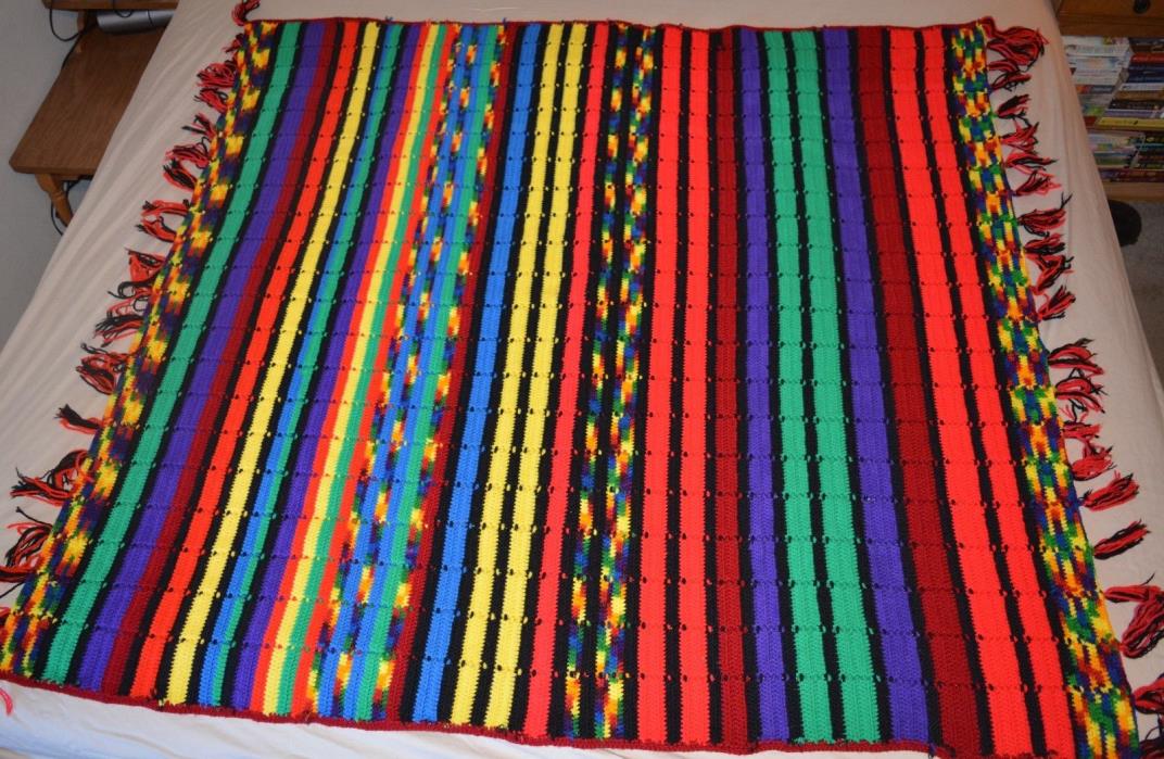 Hand Crocheted Afghan Lap Throw Blanket Southwestern Mexican Rainbow Colors MINT
