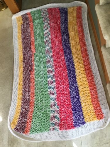Vintage Handmade Crocheted Afghan Throw Blanket Rainbow Stripe 47