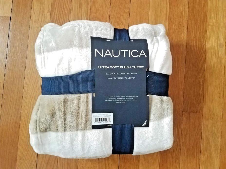 Nautica Ultra Soft 50” x 60” Plush Throw, Beige/Cream Striped