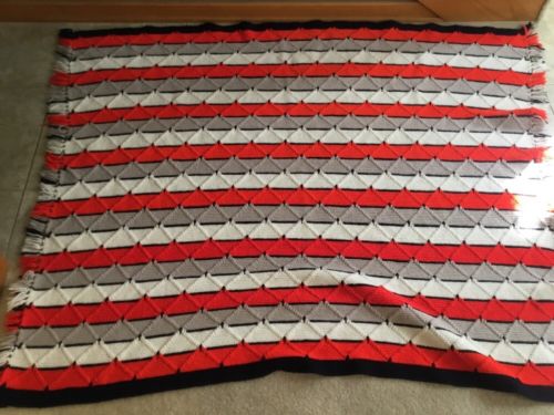Vtg Handmade Red Gray White Crochet Afghan Blanket Throw Fringe Southwest 74x54