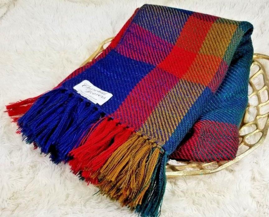 VTG Churchill Weavers Plaid Hand Knit Blanket 50x75  Fringe merino wool throw