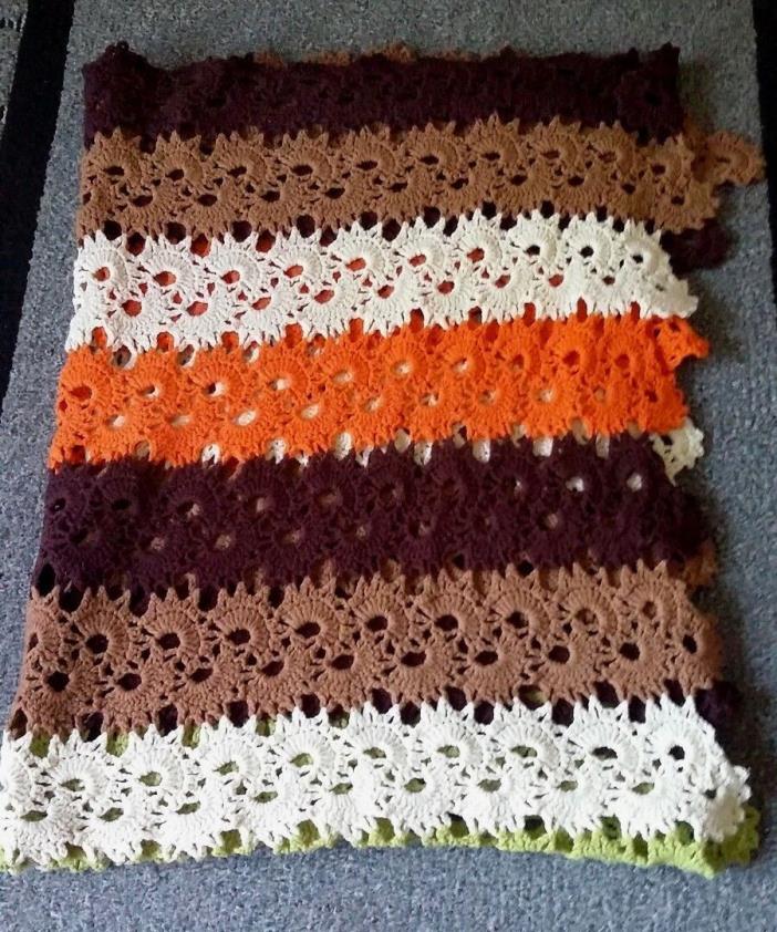 Vtg AFGHAN BLANKET Throw Crochet Handmade Brown Green Orange Circles 66 x 53