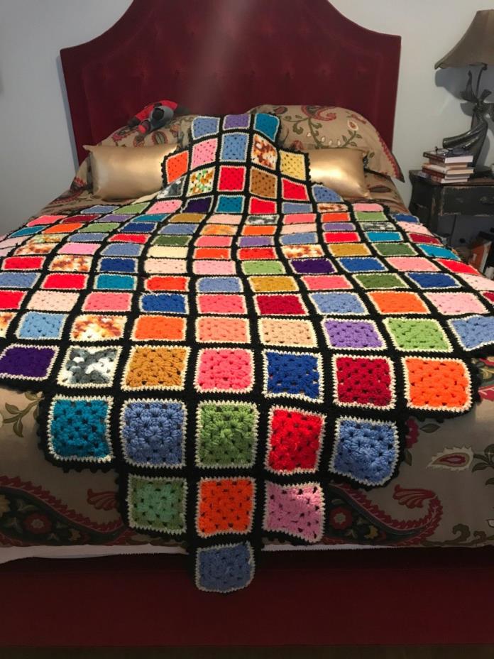 Large Vibrant Multi Colored 4 pointed Hand Crocheted Vintage Blanket- 87 x 87 In