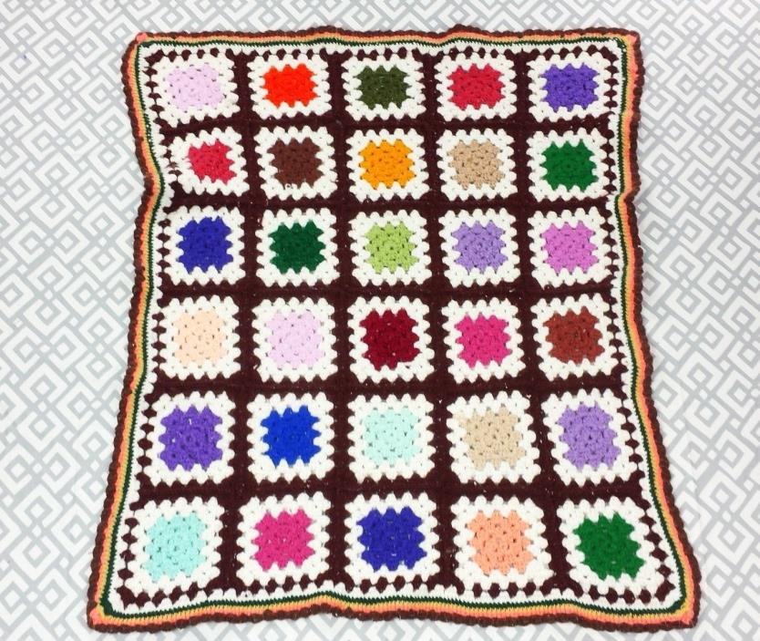 VTG Handmade Colorful Granny Square Crochet Afghan Throw Blanket 30 X 36 Vintage