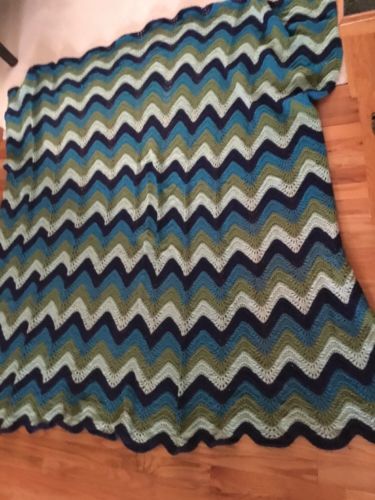 Vintage 70's Large Hand Crocheted Chevron ZigZag Afghan Blanket Throw Blue 82x75