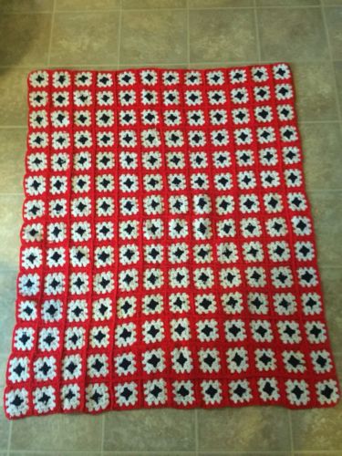 Vintage Granny Squares Afghan Blanket Crochet 50 X 62 Red White Blue