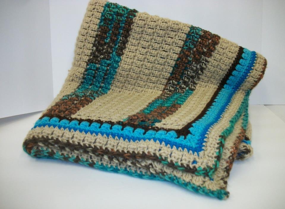 Gorgeous Turqoise & Brown Hand Crocheted Afghan Throw Lap Blanket