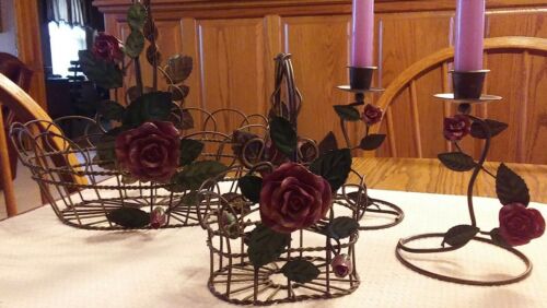Metal Basket Set Complete, Red Roses & Leaves, Bonus: Candlesticks w/candles