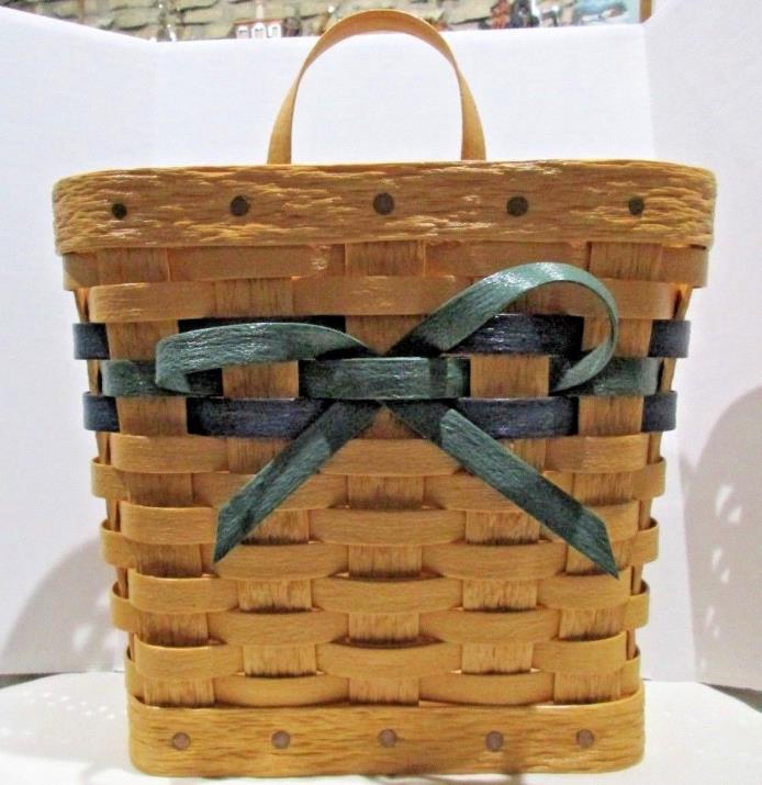 Hanging Wall Basket with Handle Natural Woven Wood with Green Ribbon Decoration