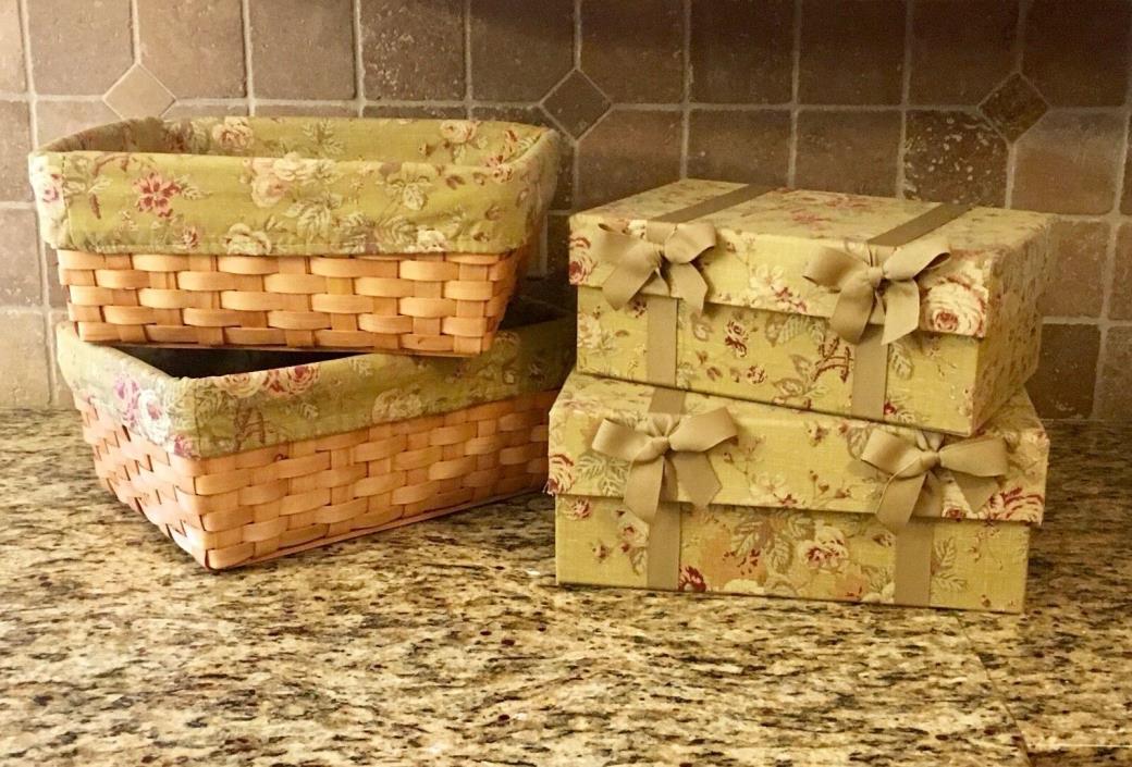 4 MATCHING FARMHOUSE SET ~ 2 WICKER BASKETS + LINERS, 2 NESTING BOXES + BOWS