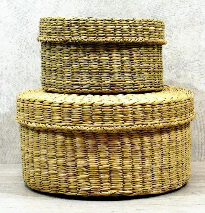 Lot of 2 LIDDED BASKETS Woven Grass Wicker Round Nested