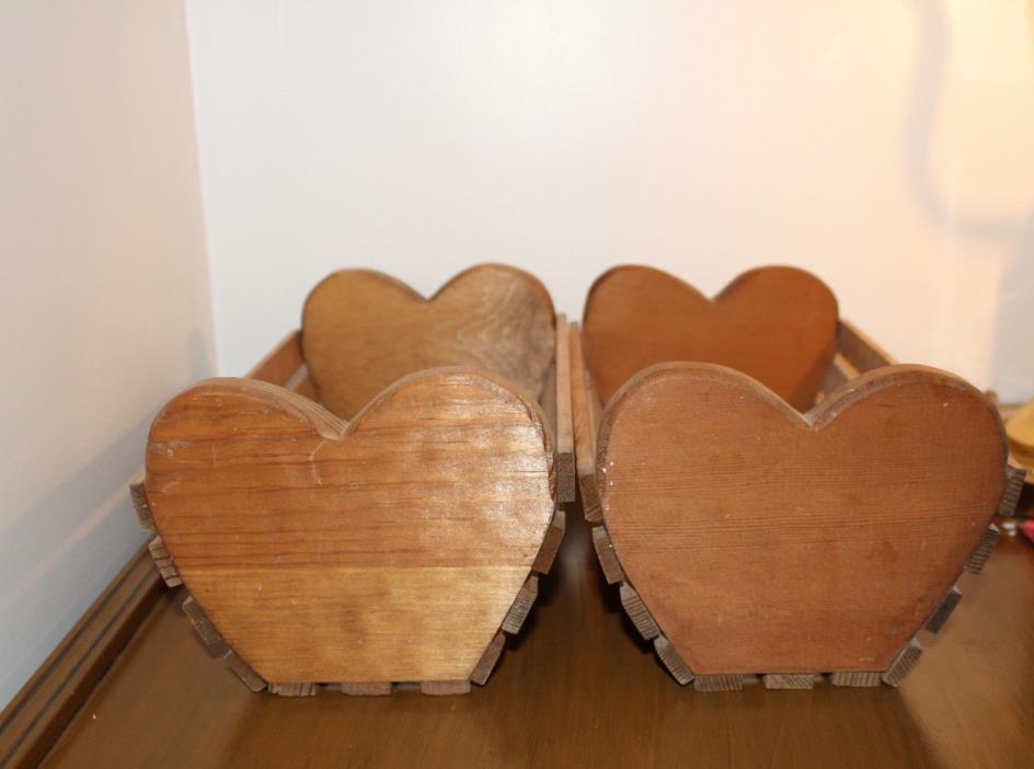 Vintage Hard Wood Heart Shape Basket Slats Crate Style Valentine Deco Set of Two