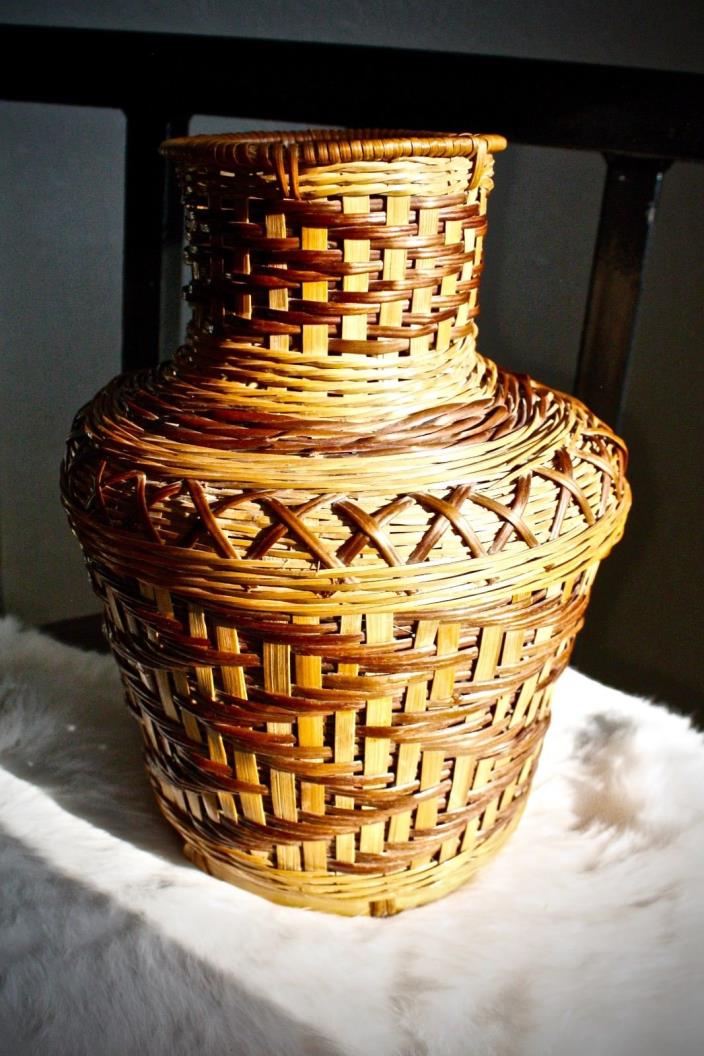 Vintage Antique Woven Tight Wicker Ornate Vase Basket Boho Bohemian Rattan