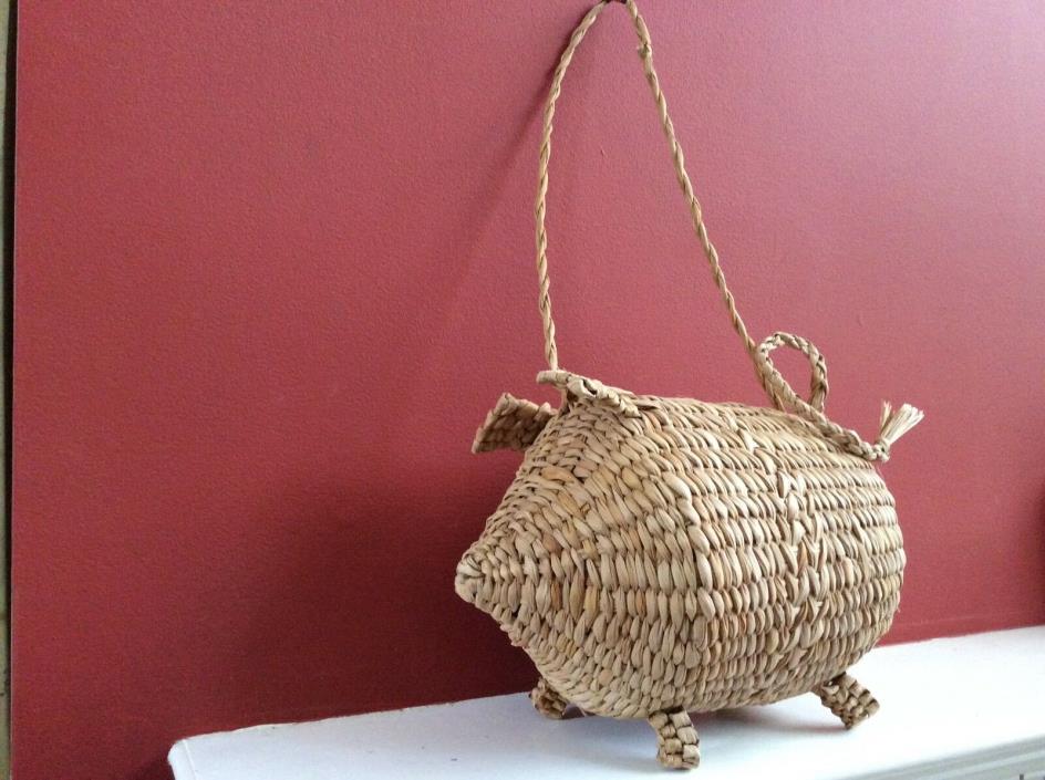 Vintage Unique Woven Basket, piggy bank. Rustic Country