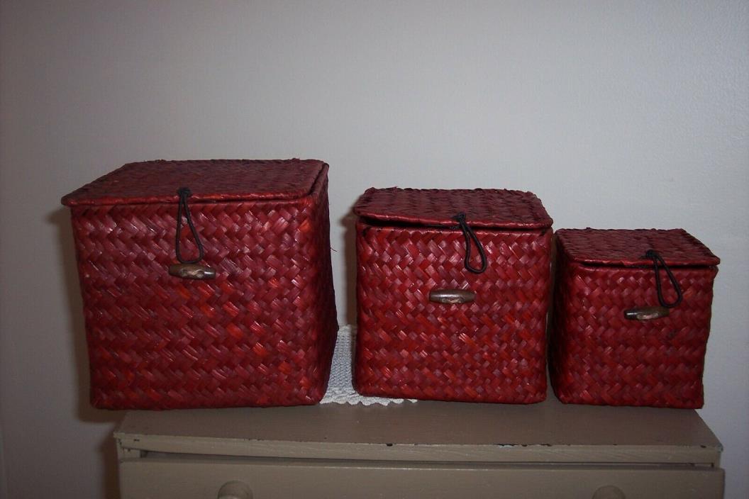 Vintage Woven square Set of 3 Nesting Baskets / boxes 6
