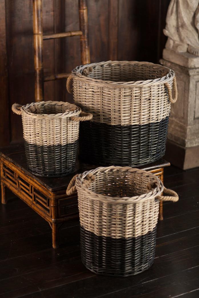 Dipped Black Round Willow Nesting Baskets with Rope Handles, Set of 3