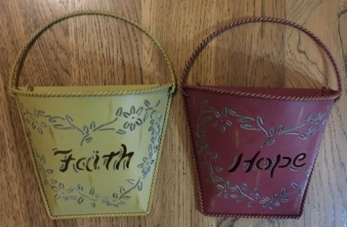 Decorative Wall Hanging Metal Baskets: Maroon & Mustard Yellow: Faith & Hope