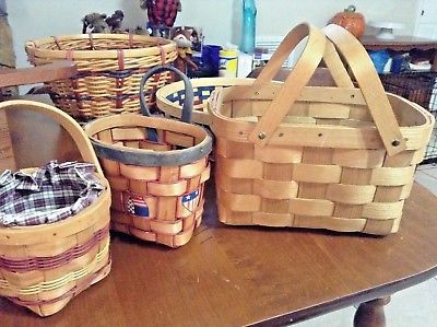 SET OF3 WICKER BASKETS WALL HANG DOUBLE HANDLE LINED COUNTRY PRIMITIVE FOLK ART