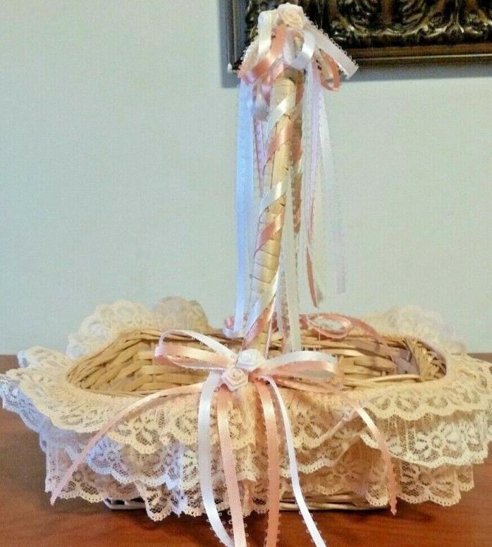 Small Square Wicker Basket With Peach & White Ribbons & 3 Layers of Lace