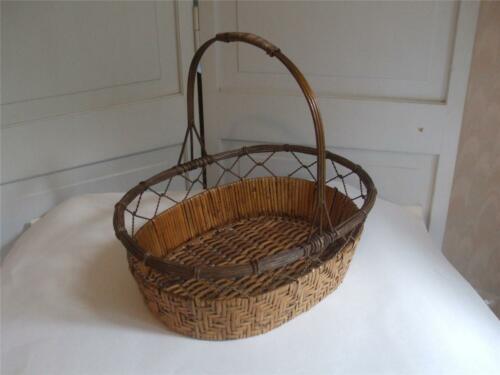 Large Oval Metal & Bamboo Woven Basket with Metal Handle Light Brown Color 13.5