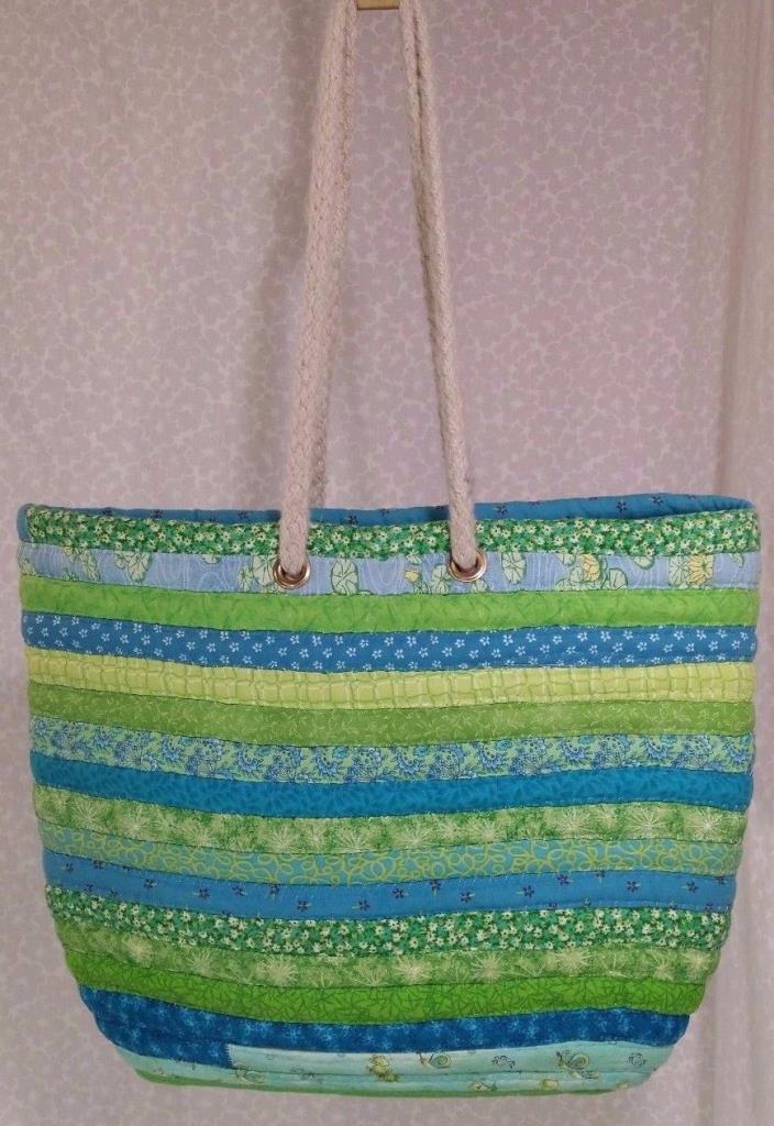 COILED FABRIC ROPE CLOTHES'LINE Market Tote Bag Basket TURQUOISE & GREEN 17X13