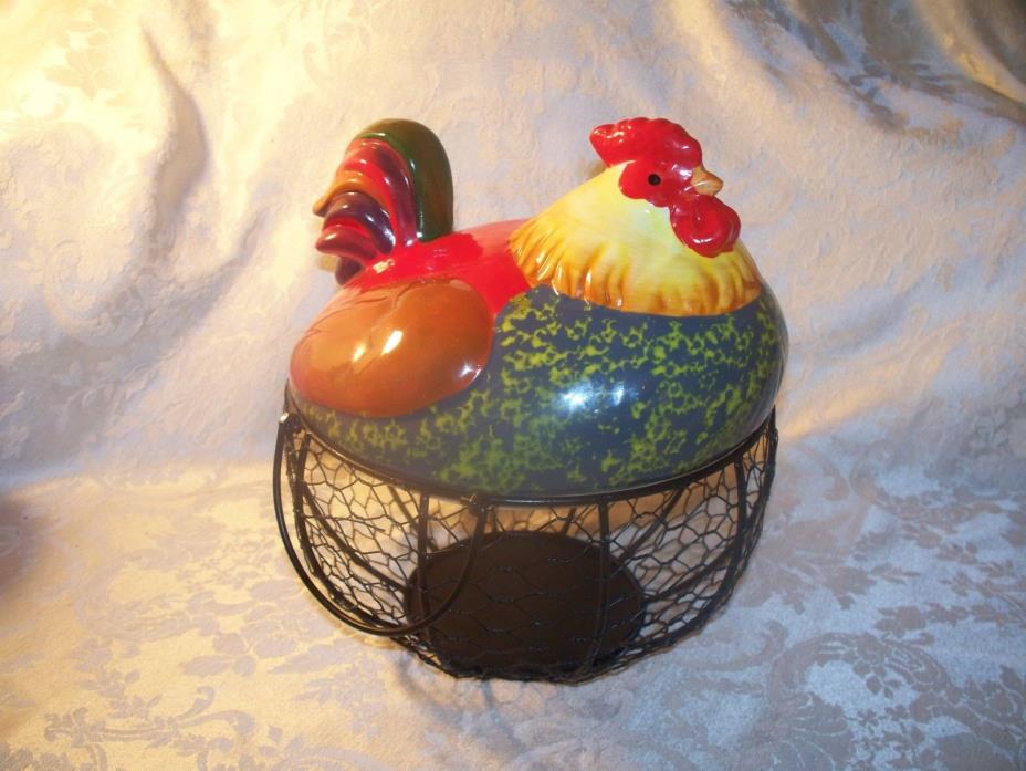Black Metal Egg Basket With Colorful Ceramic Chicken Top