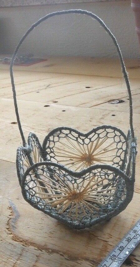 Doll Basket Wicker Raffia Thread Heart Wire Frame Blue Sand Easter Spring Basket
