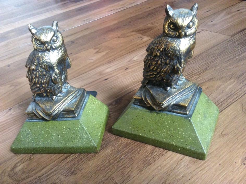 Vtg Jade Green Gold Owl Bookends Book ends heavy 3D Study Home Decor 6.5” by 8”
