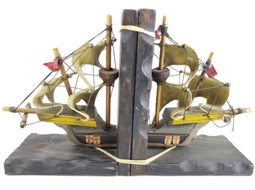 wood model Sailboat Pirate Ship sail Boat Cool BOOKENDS nautical ocean statue