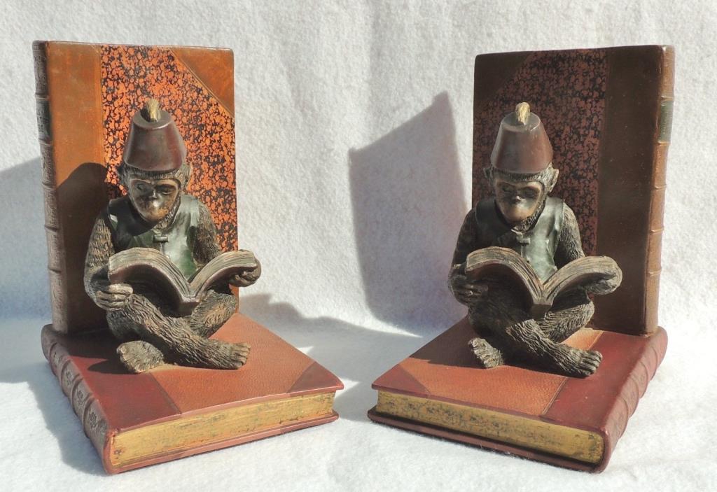 Pair Large Vintage Figural MONKEY in Hat Reading w/ Library Book Bookends #5337