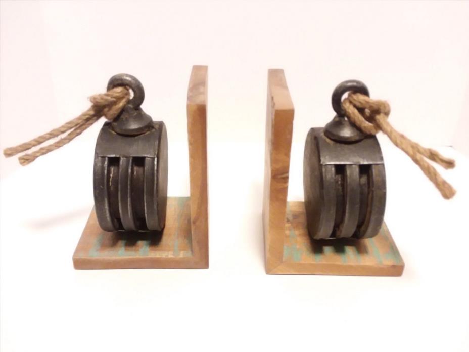 NEW! Mason Wood Metal Pulley With Rope Bookends Decorative Farmhouse Rustic