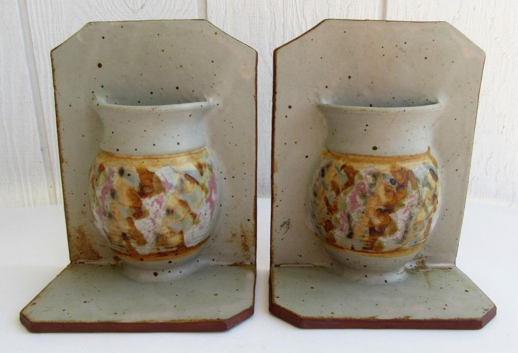 Clay Ceramic Handmade Bookends Southwestern Santa Fe Aztec Look Pottery Vases