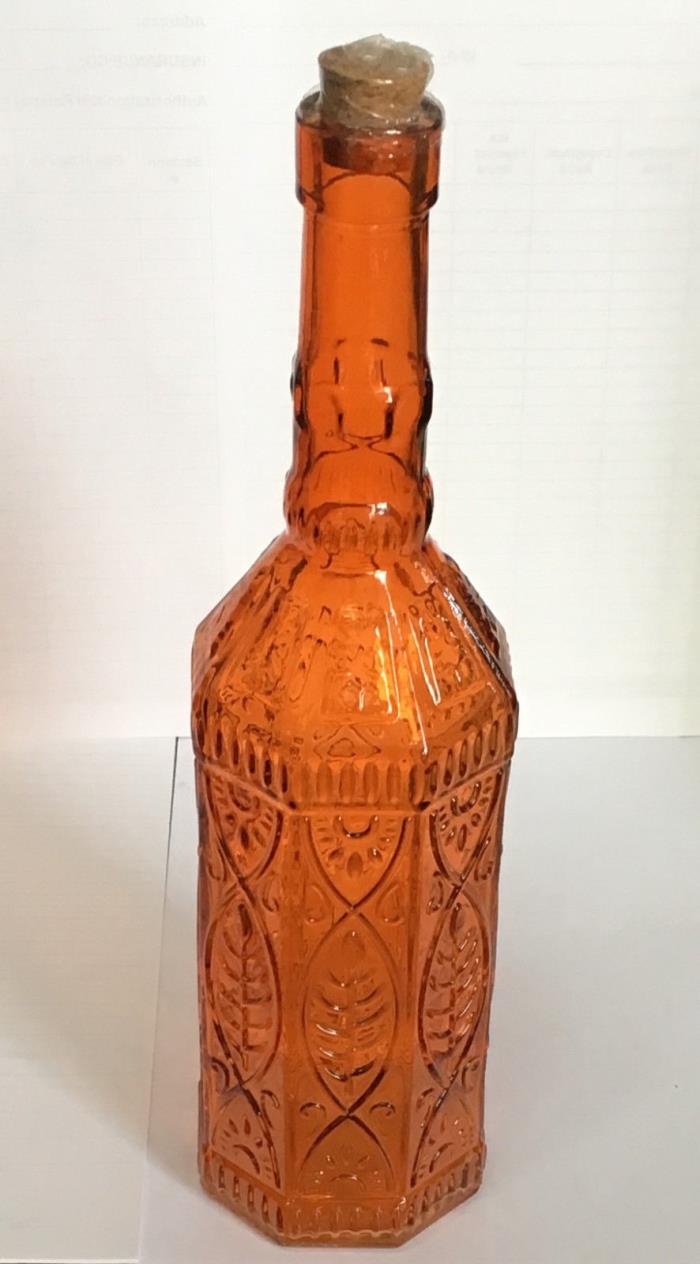 Vintage New Decorative Orange Octagonal Glass Bottle with Cork - Holiday Crafts