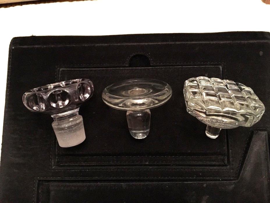 3 glass bottle stoppers round, fluted, octagon cross hatching