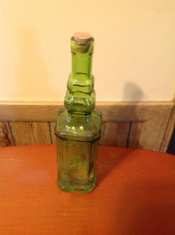 Glass Tall Neck Square Raised Patterns Green Bottle with Cork 12 Inch