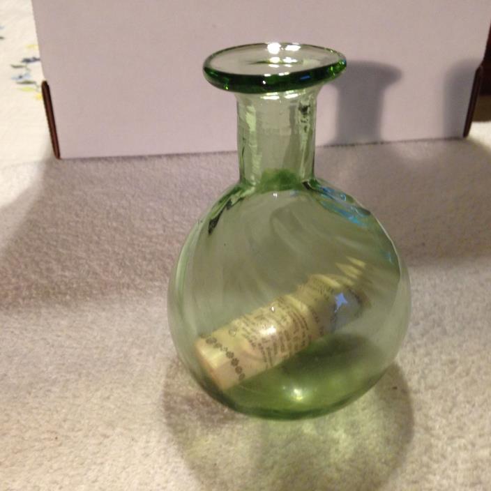5 Inch Tall Green Tint Glass Flask with Scroll