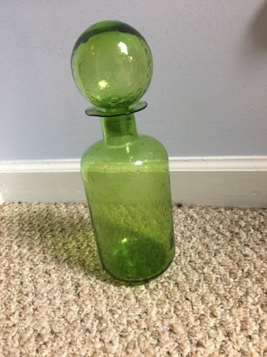Large Green Apothecary Bottle W/ Lid Color Bubble Glass 11