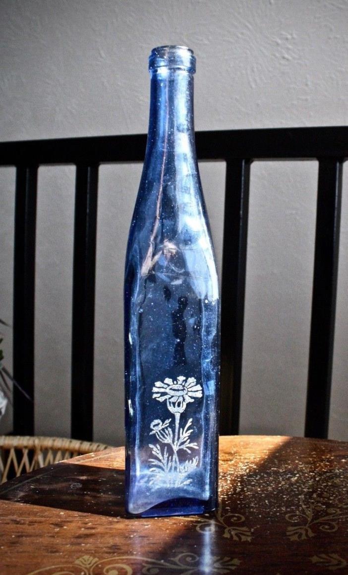 Vintage Rare Blue Glass Bottle PEAR Embossed 11