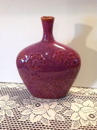 Decorative Pottery Bottle Purple Floral Embossed 10 x 12