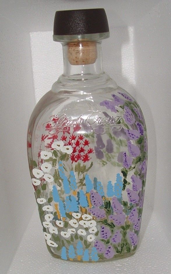 Glass Liquor Bottle with Hand Painted FLOWERS     3D LOOK