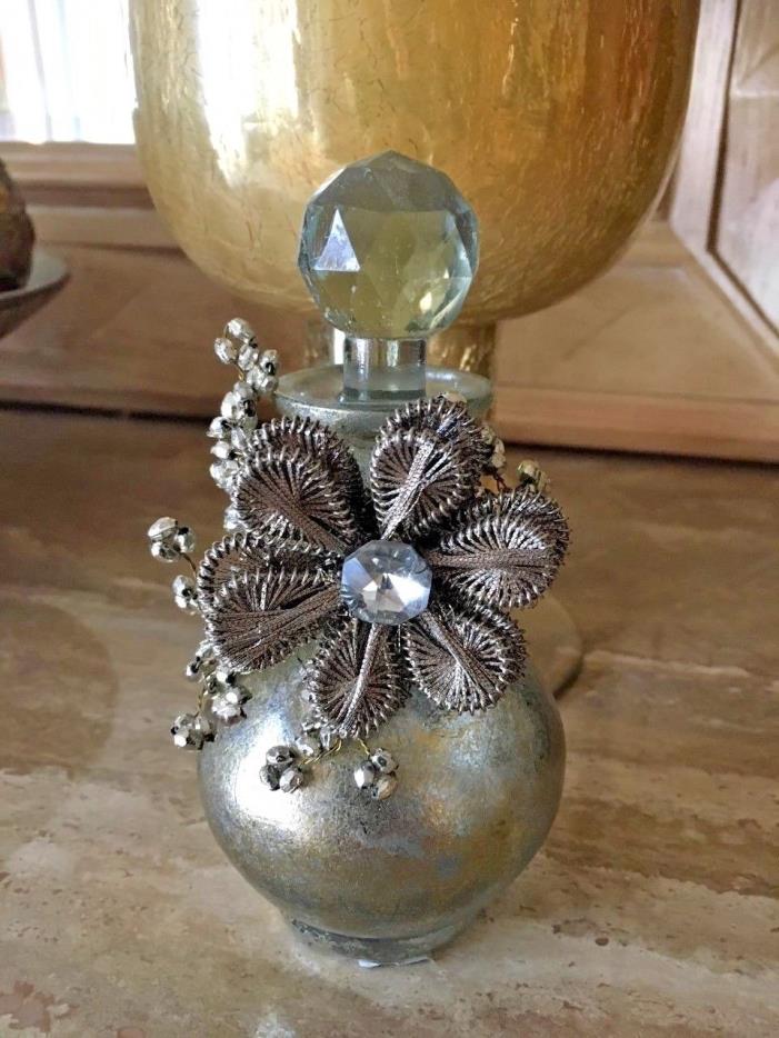 DECORATIVE HOME  SILVER/BRONZE PERFUME BOTTLE WITH BEADS AND RHINESTONES