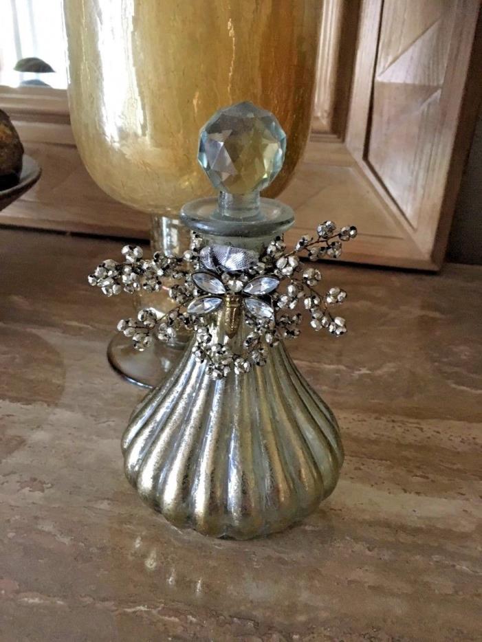 DECORATIVE HOME  SILVER PERFUME BOTTLE WITH BEADS AND RHINESTONES