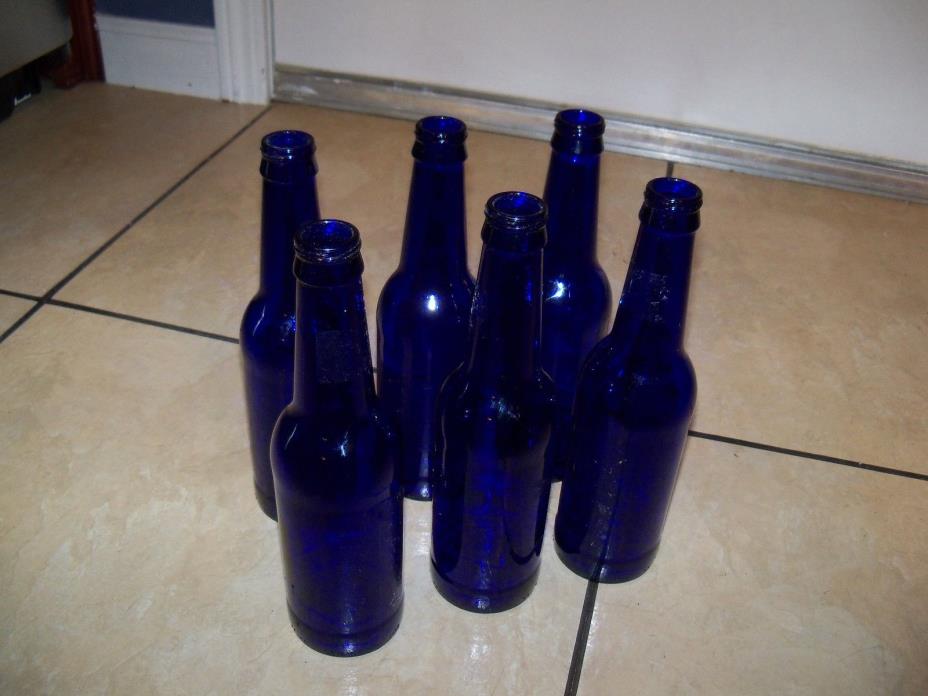 Six (6) Cobalt Blue Glass Beer Bottles For Vases, Crafts, Bottle Trees