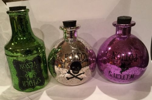 New Halloween Decorative Glass Bottles.  Set Of 3