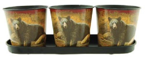 BEAR TIN CAN 3PC SET With Tray Holds 3 Tin Cans Bear Scene Open Top Cabin Decor