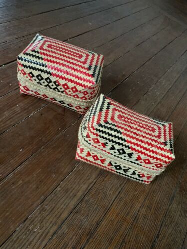 Woven Decorative Basket Box w/ Lid Black & Red Pattern Lot Of 2 Trinket Holder