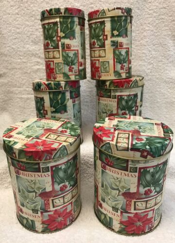 6 Nesting Christmas TINS (2 sets)Holiday tall floral green 5.5/5/4.25 ROUND gift