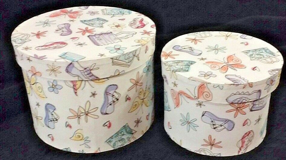 Small Hatbox Nesting Qty 2 Whimsical Themed 5.5 x 4 circle 4.5 x 3.5 White Pink